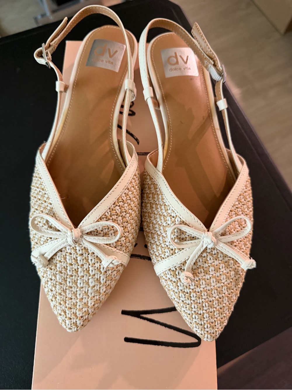 Wild Pair Cream Woven Pointed Slingback Flats with Bow